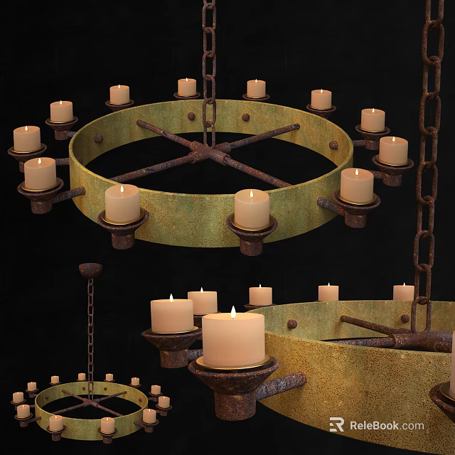 Vintage Rustic Circular Chandelier With Multiple Candle Holders And Metal Chain 3d model 