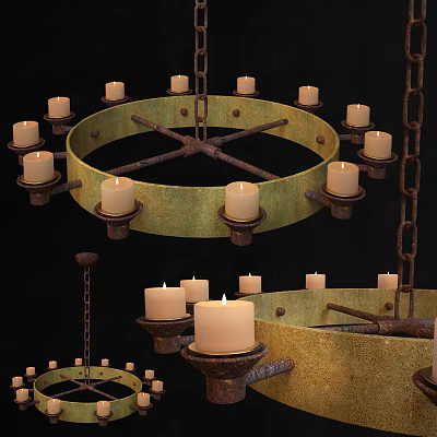Vintage Rustic Circular Chandelier With Multiple Candle Holders And Metal Chain 3d model