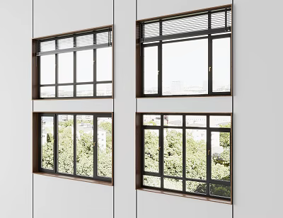 Modern Casement Windows With Black Frames Clear Glass And Green Outdoor View 3d model