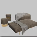 Modern Elegant Gray Ottoman With Soft Upholstery Gold Legs And Throw Blanket
