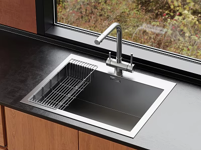 Modern Stainless Steel Kitchen Sink With Faucet And Drainer Rack On Kitchen Countertop 3d model