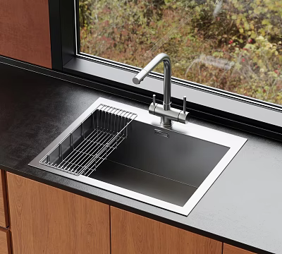 Modern Stainless Steel Kitchen Sink With Faucet And Drainer Rack On Kitchen Countertop 3d model