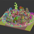 Red Roofed Castle Building Model On Circular Base With Water Area Green Trees And Decorative Statues