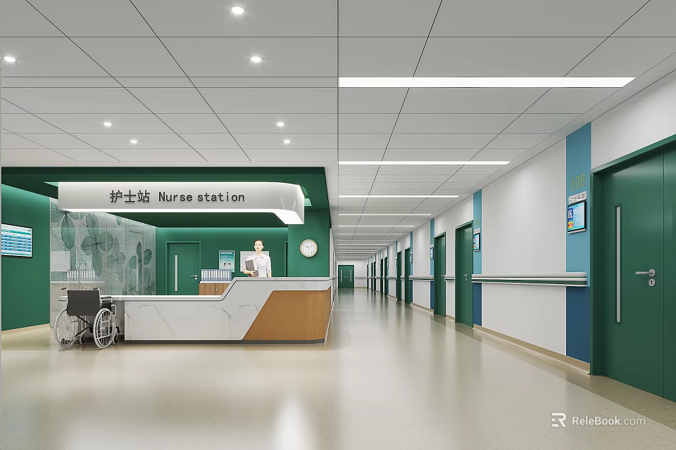 Hospital Outpatient Clinic Interior View of Nurse Station and Wheelchair in Corridor 3d model 