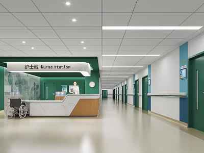 Hospital Outpatient Clinic Interior View of Nurse Station and Wheelchair in Corridor 3d model