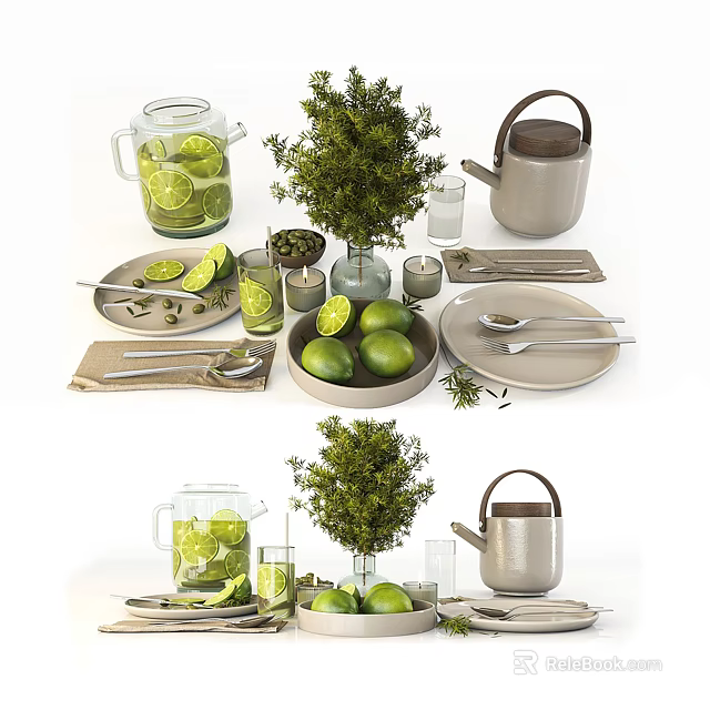 Modern Tableware Set With Kettle Limes Glasses Plates Spoons Napkins And Green Plant 3d model 