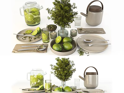Modern Tableware Set With Kettle Limes Glasses Plates Spoons Napkins And Green Plant 3d model