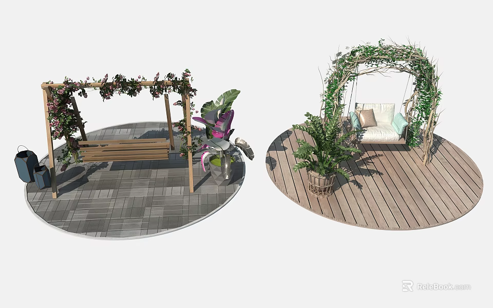 Outdoor Playground Equipment With Wooden Swing Frame Green Vines And Cushioned Seat On Garden Deck 3d model 