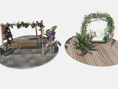 Outdoor Playground Equipment With Wooden Swing Frame Green Vines And Cushioned Seat On Garden Deck 3d model