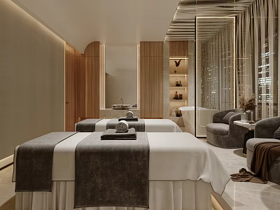 Elegant Modern SPA Sauna Interior With Massage Beds Wooden Decor And Mirrors 3d model