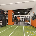 Fitness Studio Interior With Orange Gray Walls Central Circular Workout Area And Motivational Wall Art