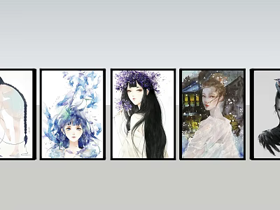 Watercolor Portrait Paintings Of Female Figures With Long Hair Floral Crowns And Night Scenery 3d model