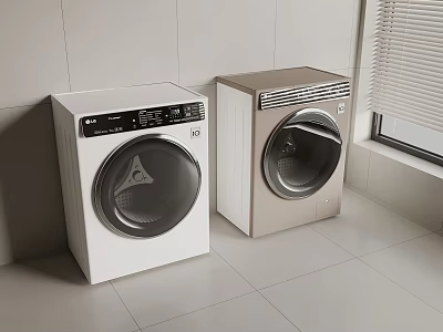 Modern White and Beige Washing Machines in Tiled Laundry Room with Window Blinds 3d model