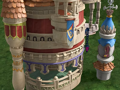 Cartoon Scene Fantasy Castle With Red Walls Blue Spires And Colorful Flags On Green Grass 3d model