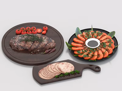 Appetizing Grilled Steak With Sausage Shrimp And Tomatoes 3d model