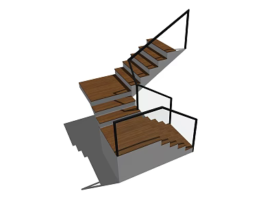 Modern Wooden Stairs With Black Metal Railings And Winding Design Structure 3d model
