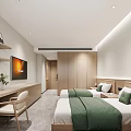 Hotel Room Interior with Twin Beds Green Pillows Wooden Wardrobes Bedside Tables and Window Curtains