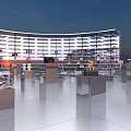 Modern Exhibition Space With Curved Glass Walls And Display Stands Featuring Visitors