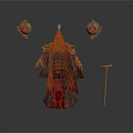 Ancient Emperor 3D Model With Red Robe Green Decorations Scepter And Lanterns