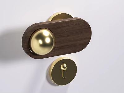 Walnut Door Handle Design With Golden Ball Grip And Circular Lock On White Surface 3d model