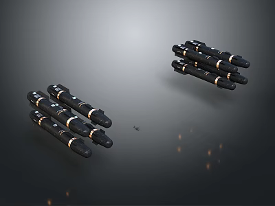 Black Military Missiles Arranged in Groups on Dark Reflective Background 3d model