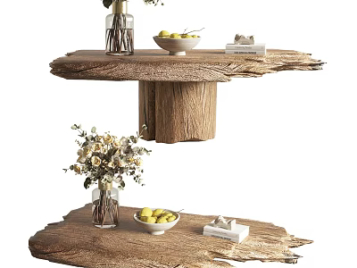 Natural Wood Coffee Table Featuring Rustic Surface Vase With Flowers Bowl Of Fruits And Books 3d model