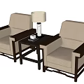 Two Modern Single Sofa with Beige Fabric and Wooden Armrests Side Table and Table Lamp 3d model