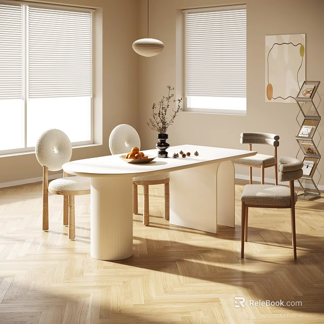 Modern White Dining Table Set with Curved Chairs Vase and Fruits on Wooden Floor 3d model 