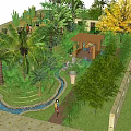 Scenic Garden with Palm Trees Stone Walls Clay Pots and People Walking