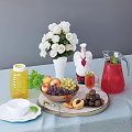 Assorted Fresh Fruits Including Peaches Grapes and Apples on Marble Tray with Blue Tablecloth