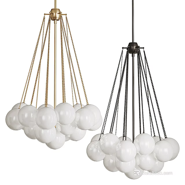 Modern Chandelier Design With Gold Black Chains And White Spherical Shades 3d model 