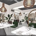 Modern Restaurant Interior With Green Chairs Pendant Lights Dining Tables And Decorative Plants