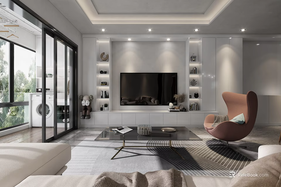 Modern Living Room Interior With TV Wall Display Shelves Light Sofa And Brown Accent Chair 3d model 