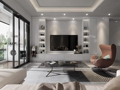 Modern Living Room Interior With TV Wall Display Shelves Light Sofa And Brown Accent Chair 3d model
