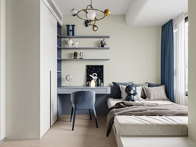 Modern Kids Bedroom With Blue Chair Bed Shelves And Curtains 3d model