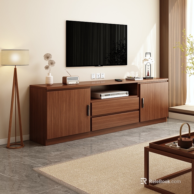 Modern Wooden TV Stand With Storage Drawers And Flat Screen TV Decor 3d model 