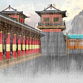 Ancient Chinese Architecture with Green Roofs and Red Doors by Water in Rainy Mountain View