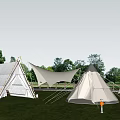 Multiple White Tents With Various Styles On Grassland With Trees And Blue Sky Background