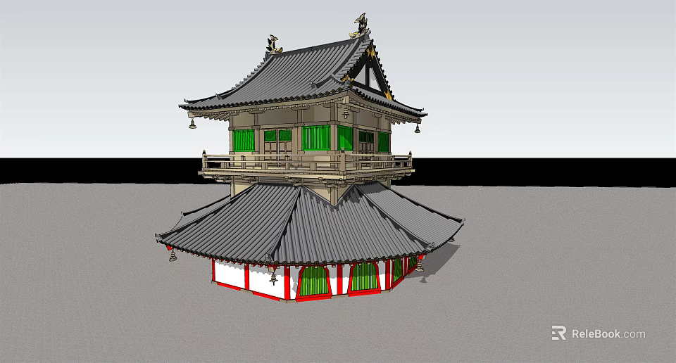 Ancient Traditional Architecture With Double Tiered Roof Green Windows And Red Base 3d model 