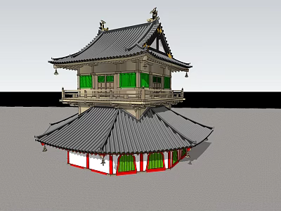 Ancient Traditional Architecture With Double Tiered Roof Green Windows And Red Base 3d model