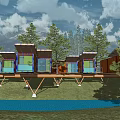 Modern Wooden Detached Villa Elevated on Pillars with Mountain View Green Lawn and Trees