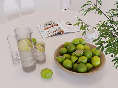 Decorative Ornament Set With Transparent Jug Glass Cups Green Limes Wooden Bowl Magazine Green Plant 3d model