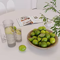 Decorative Ornament Set With Transparent Jug Glass Cups Green Limes Wooden Bowl Magazine Green Plant