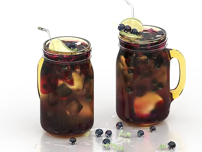 Cold Refreshing Berry Drink in Mason Jars with Ice Blueberries Lemon Slices and Mint 3d model
