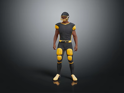 Football Player In Black And Yellow Uniform With Helmet Knee Pads Standing Against Gray Background 3d model