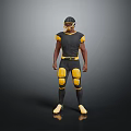Football Player In Black And Yellow Uniform With Helmet Knee Pads Standing Against Gray Background