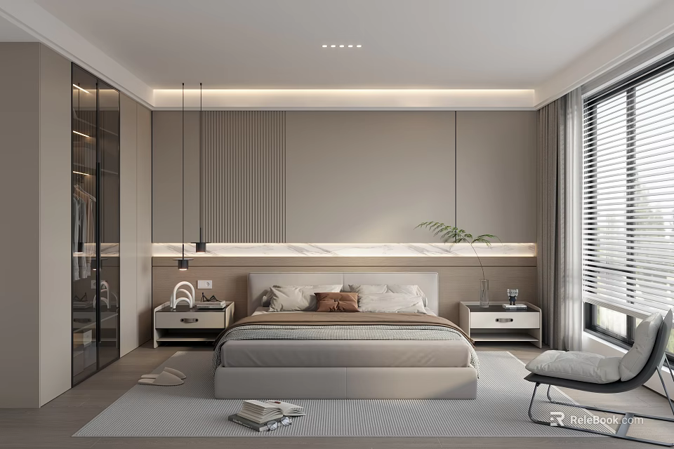 Modern Bedroom Interior Design With Wardrobe Bedside Tables Hanging Lights And Window Blinds 3d model 