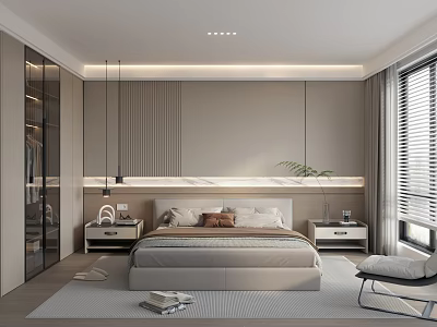 Modern Bedroom Interior Design With Wardrobe Bedside Tables Hanging Lights And Window Blinds 3d model