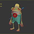 Cartoon Frog with Silver Chef Hat Red Eyes Green Pants Red Badge and Blue Spoon