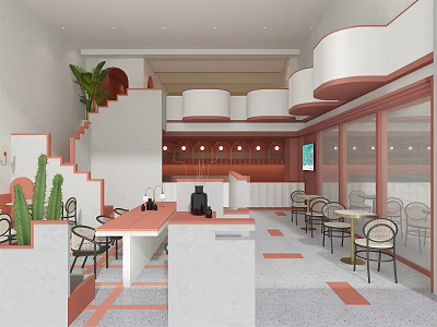 Modern Dessert Shop Interior With Pink White Decor Cactus And Cozy Seating 3d model